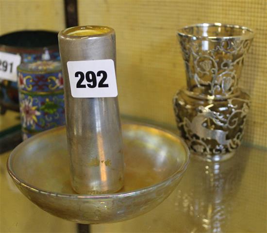 Tiffany Famille irredescent glass dish, silver overlaid vase and a silvered glass vase